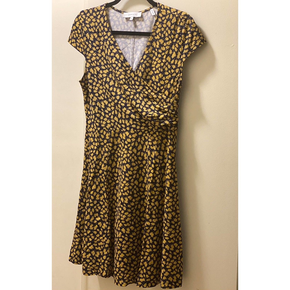 Lark & Ro Women's Sleeveless V-Neck Overlay Dress Size M Blue Mustard Flare